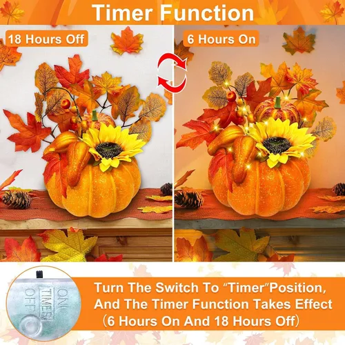 Miniatura 2 de Temporizador y preiluminado: decoraciones de Acción de Gracias, calabaza, calabaza artificial con hojas de arce, girasol, bayas, 20 luces LED
