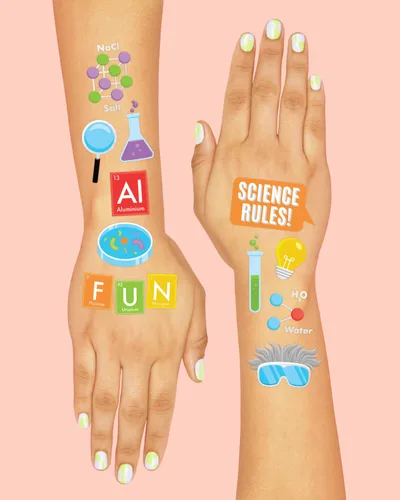 Miniatura 3 de xo, Fetti Tatuajes temporales de fiesta de ciencia - 62 estilos de lámina plateada Suministros para fiestas de cumpleaños de científicos locos