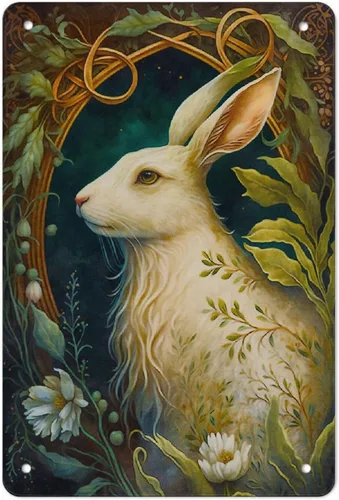 AMOGHASIDDHI Cartel de metal con diseño de conejo blanco, póster de metal vintage de aluminio, 8 x 12 pulgadas, letrero de pintura impresa, Blanco