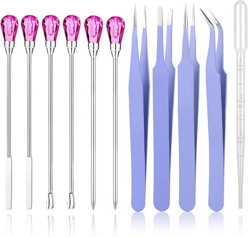 Miniatura 14 de MSDADA Juego de 11 herramientas de molde de resina de silicona, aguja para agitar, cuchara, herramientas de pinzas, kit de precisión, pinzas