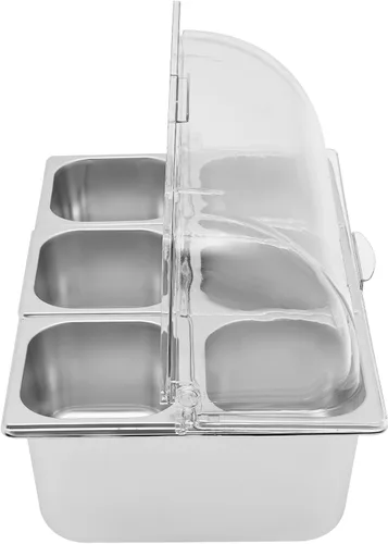 Miniatura 4 de Recipiente de exhibición de alimentos para encimera, 6 sartenes, bandeja de acero inoxidable para servir alimentos helados con cubierta superior