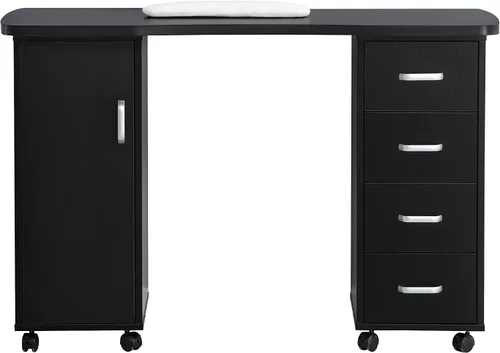 Miniatura 9 de BarberPub Mesa de manicura, escritorio de uñas resistente a la acetona, mesa de uñas con 4 cajones, 2 gabinetes, ruedas bloqueables, almohadilla