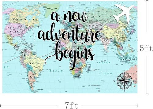 Miniatura 2 de Una nueva aventura comienza viajando niño, decoración de fiesta de baby shower, telón de fondo, mapa del mundo alrededor del mundo, aventura espera