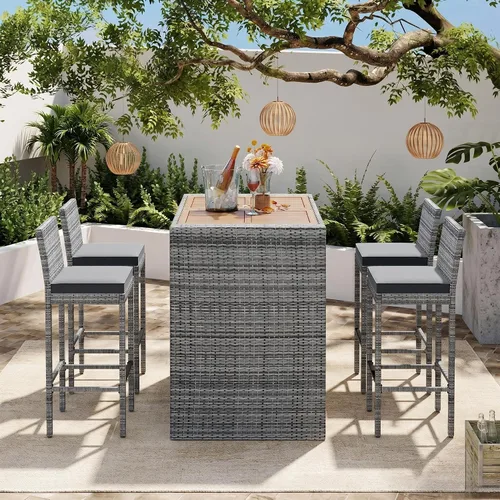 Miniatura 2 de Quarte Moderno juego de comedor de patio al aire libre de 5 piezas, juego de barra de mimbre de ratán de polietileno para jardín, 4 sillas de altura