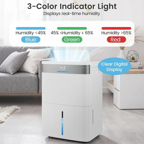 Miniatura 7 de COSTWAY Dehumidifier for Basement, Home Dehumidifier with Convenient Handle, 1.4 Gallon Tank, Auto Defrost, 24H Timer, 3-Color Indicator, Drain Hose