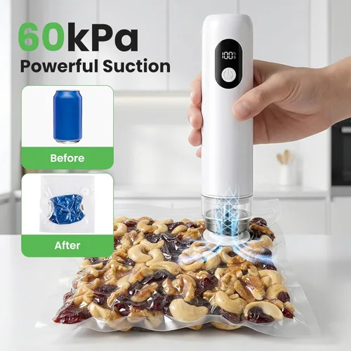 Miniatura 5 de Máquina compacta selladora al vacío con batería de 1500 mAh, sellador de alimentos de mano con 30 bolsas reutilizables, succión de 60 kPa y carga