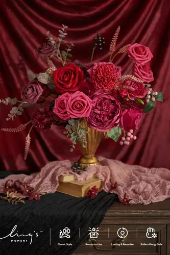 Miniatura 2 de Ling's moment Caja de flores artificiales, tallos de follaje artificial, rosas de espuma, bayas, peonía de seda, eucalipto, flor de tela