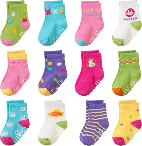 Miniatura 9 de Calcetines con Agarre Antideslizante para Niños Pequeños Calcetines de Tripulación de Algodón Anti Resbalón para Bebés Niños y Niñas 12 Pares