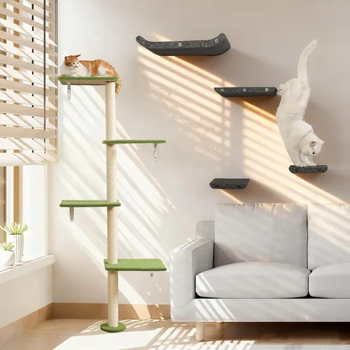 Miniatura 2 de Postes altos de rascado para gatos, árbol de gatos de 4 niveles, torre para gatitos montada en la pared, pared de escalada con alfombra para gatos