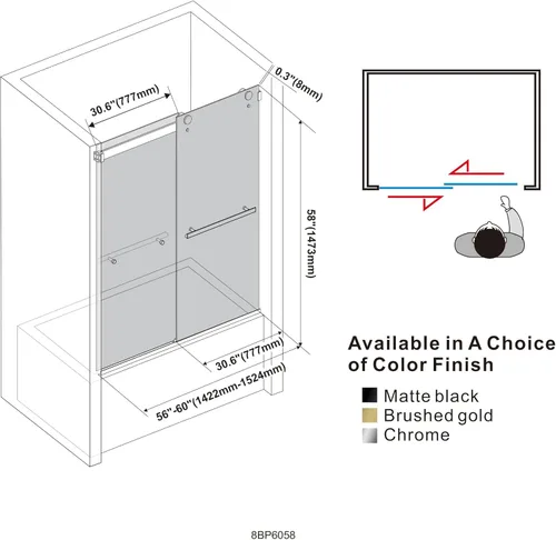 Miniatura 7 de Puerta corrediza de cristal para bañera, 56-60 pulgadas de ancho x 58 pulgadas de alto, sin marco, para baño, vidrio templado transparente de 5/16