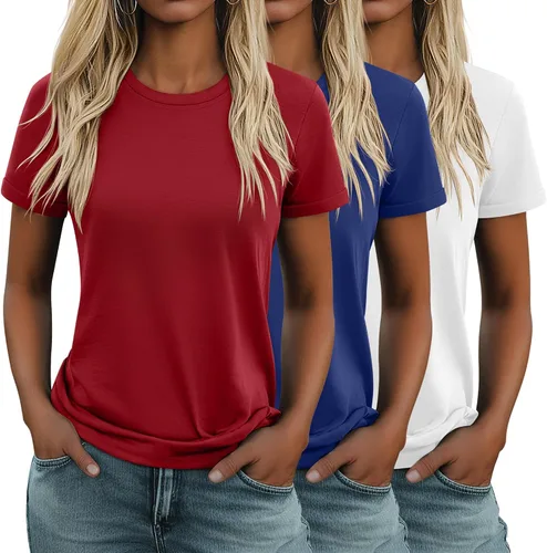 Miniatura 14 de Huukeay Paquete de 3 camisetas de algodón para mujer, estilo casual, de manga corta, cuello redondo, ajuste holgado, básica, lisa