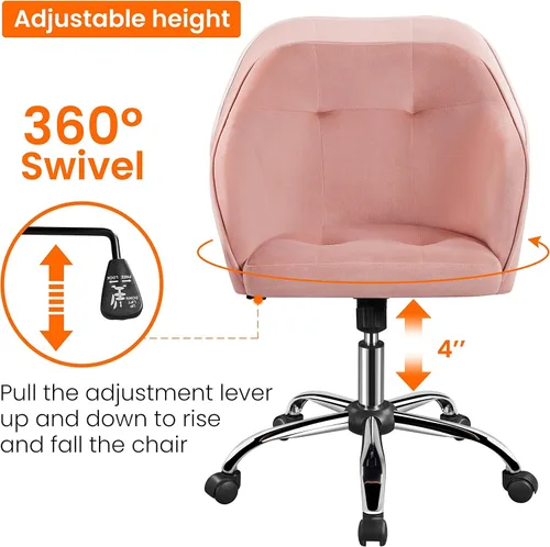 Miniatura 6 de Yaheetech Silla de Oficina Rosa Pequeña y Linda con Ruedas Traseras, Silla de Tocador de Terciopelo Giratoria y con Ruedas, Silla de Escritorio
