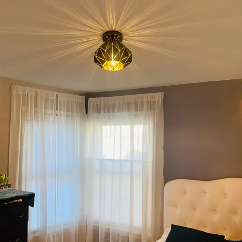 Miniatura 6 de Modern Geometric Ceiling Light, Black Metal Diamond Cage Design, Semi-Flush Mount, Industrial Style, E26, Matte Black with Gold Inside