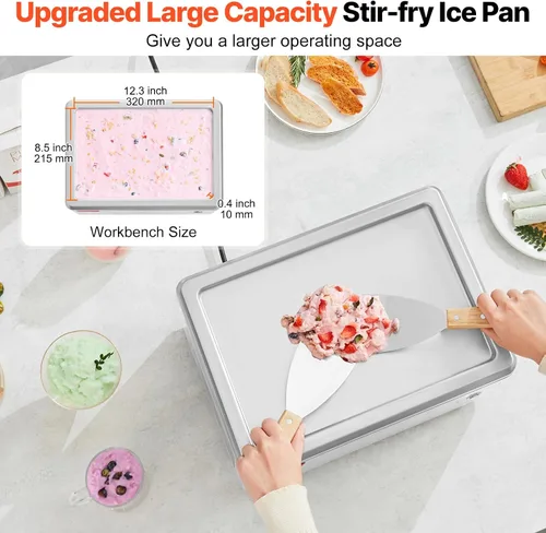 Miniatura 3 de VEVOR Máquina de helado frito, 12.6" x 8.5", 120 W, máquina para hacer rollos de helado salteado con compresor y 2 raspadores, para hacer rollos