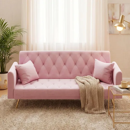 Miniatura 13 de Anwick - Sofá cama futón de terciopelo moderno con 2 almohadas, sofá cama convertible 2 en 1, sofá biplaza reclinable plegable con patas de metal