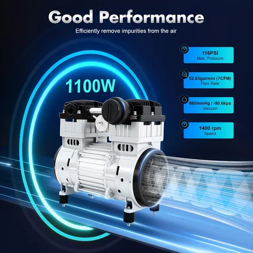 Miniatura 2 de Bomba de vacío sin aceite de 1100 W, cabezal silencioso del compresor de aire 7CFM para uso industrial, compresor de aire sin aceite de 110 V