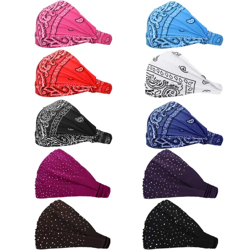 Miniatura 7 de WILLBOND 10 diademas anchas para mujer, antideslizantes, anudadas, con diamantes de imitación, elásticas, bohemias, africanas, brillantes