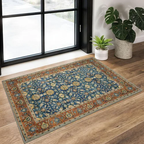 Miniatura 64 de KUTA Alfombras vintage de 2 x 3 pies para entrada, antideslizantes, lavables, tapete para puerta de interior con estampado floral, azul, gris, Azul