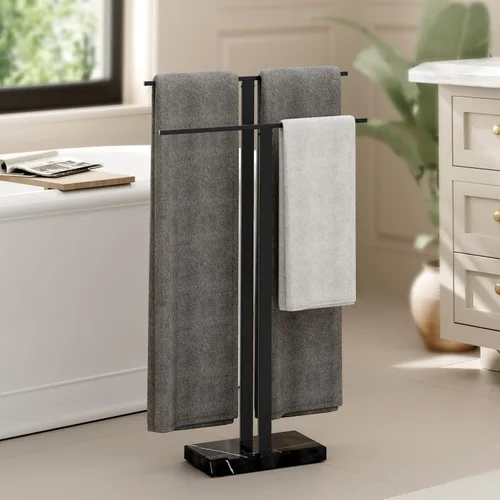 KES Soporte de toallas de pie con base de mármol natural negro, soporte de toallero de 2 niveles para piso de baño, soporte para toallas de baño y