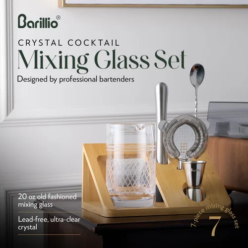 Miniatura 2 de Barillio Vaso mezclador de cóctel de cristal de 20 onzas con soporte de bambú y herramientas de barra Cristal sin plomo sin costuras, jarra