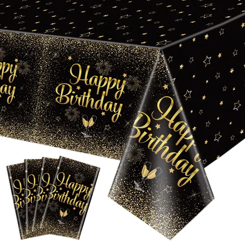 Miniatura 9 de Paquete de 2 manteles de feliz cumpleaños color negro dorado, 51 x 87 pulgadas, desechables, de plástico, rectangulares, color negro y dorado