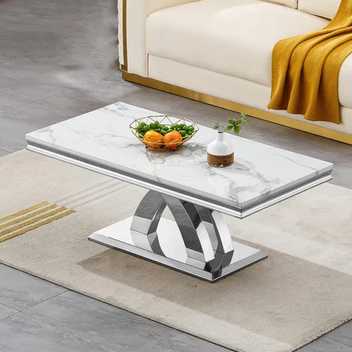 Miniatura 68 de SSLine Mesa de Centro Rectangular de Mármol Sintético para Sala de Estar, Mesa Central Moderna de Mármol Blanco de Lujo con Base Doble en Forma de U