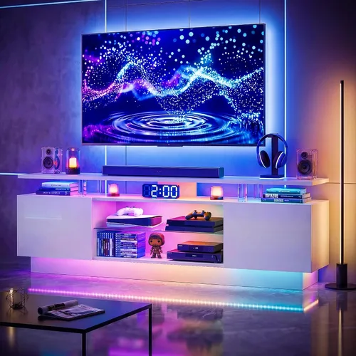 Miniatura 14 de Soporte de TV de alto brillo de 70 pulgadas con 2 armarios laterales, consola de TV moderna y elegante con luces LED de 3 capas, consola multimedia