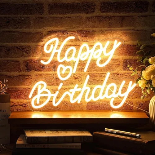 Retisee Letrero de neón de feliz cumpleaños, luz LED blanca cálida, luz USB, fondo iluminado ajustable, brillo ajustable, decoración de pared para