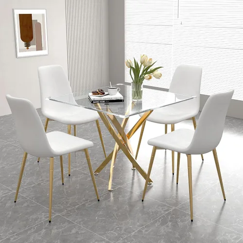 Miniatura 11 de Juego de mesa de comedor de cristal para 4, juego de mesa de cocina redonda dorada de 5 piezas con 4 sillas tapizadas negras, mesa de comedor