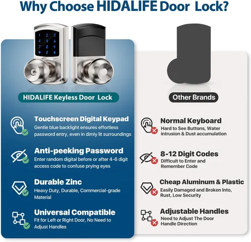 Miniatura 4 de Hidalife Cerradura de puerta de entrada sin llave con código, cerradura de puerta con teclado con asa, cerradura digital de pantalla táctil
