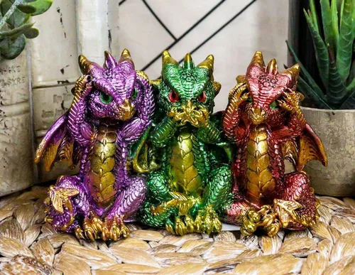 Miniatura 8 de Ebros Gift Conjunto metálico colorido de dragón bebé tres sabios ver oír hablar no mal crías caprichosas Wyrmlings dragones figuras como mito