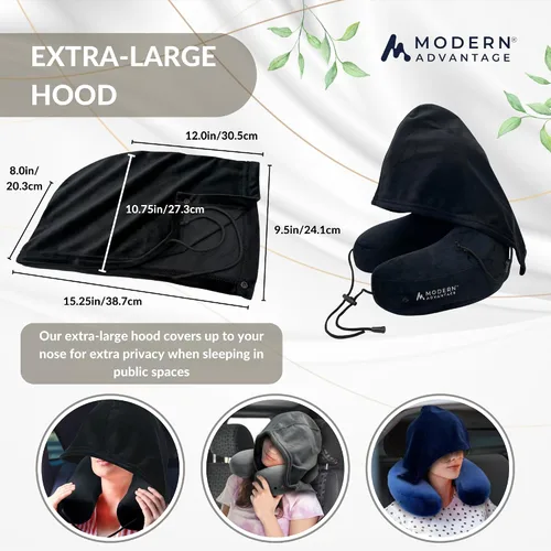 Miniatura 6 de Modern Advantage Almohada inflable de viaje para aviones con capucha cómoda, soporte ajustable para el cuello, almohada ligera y compacta para Negro