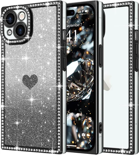Miniatura 46 de Funda para iPhone 13, funda de diamantes de imitación de lujo con patrón de corazón de amor de cristal [papel con purpurina extraíble], parachoques