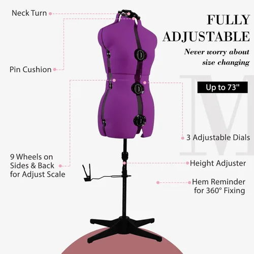 Miniatura 7 de Formas de vestido para costura, maniquí femenino morado ajustable talla 6-14, cuerpo de modelo que se puede sujetar con alfileres con 13 diales