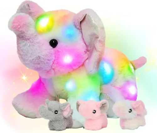 Miniatura 12 de Hopearl Conejo de peluche LED con luces, juguete de peluche con mamá y 3 bebés en su barriga, nana animada, calmante para mamá, niños pequeños