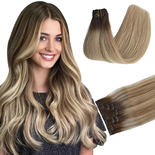 Miniatura 7 de Extensiones de cabello humano con pinzas, 12 pulgadas, extensiones de cabello humano real con pinzas, 2.47 onzas, 5 unidades, color marrón dorado a