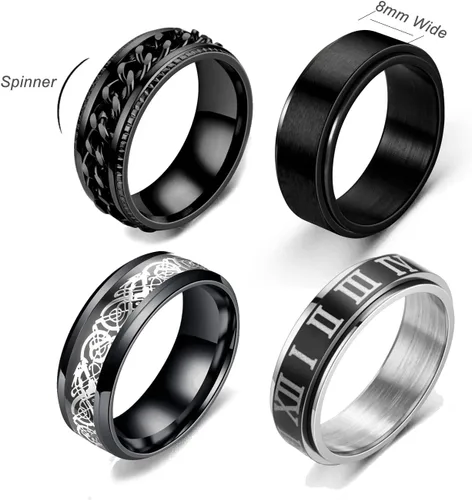 Miniatura 2 de HUXICUI 4-Pcs Wedding Band Ring Set for Men Womens Fidget Spinner Rings for Anxiety Stress Relief Black Engagement Ring Set