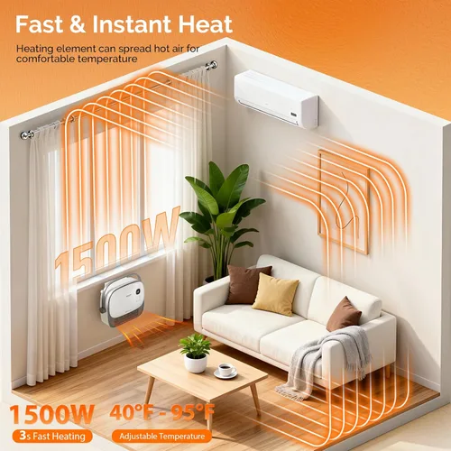 Miniatura 2 de ROVSUN Calentador de espacio pequeño de pared de 1500 W con control remoto, elemento de calefacción PTC y calentamiento rápido 3S, calentador