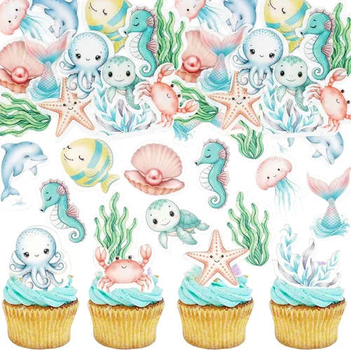 40 piezas comestibles bajo el mar, sirena, cupcakes, algas, pulpos, estrellas de mar, cupcakes, lindos animales del océano, selecciones de alimentos