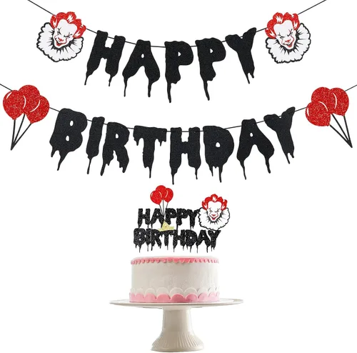Cartel de cumpleaños de terror de Halloween Pennywise Cartel de feliz cumpleaños de Halloween de película de terror sangrienta pancarta de