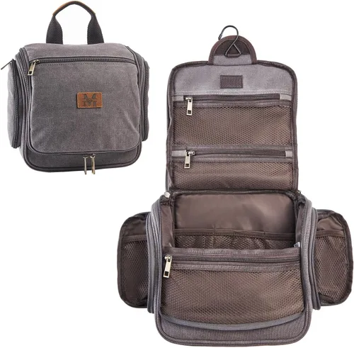 Miniatura 7 de Neceser de lona colgante organizador de maquillaje con gancho de metal resistente, kit de afeitado de viaje, bolsa de cosméticos portátil a granel