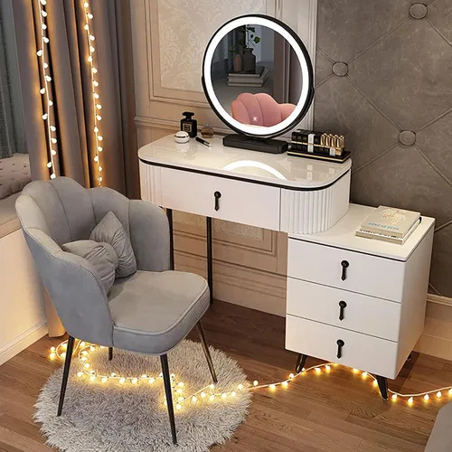 Miniatura 16 de Juego de tocador grande con luces LED, mesa de tocador de maquillaje con gabinete ajustable y taburete acolchado, 3 modos de iluminación, tocador