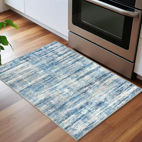 Miniatura 3 de KOZYFLY Tapete de entrada abstracto de 2 x 3 pulgadas, lavable, antideslizante, suave, para área pequeña, color azul y beige, moderno, a rayas