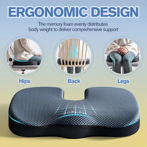 Miniatura 4 de Mureon Cojín para silla de oficina, cojín ergonómico grande de espuma viscoelástica para aliviar la presión de la cadera, soporte antideslizante