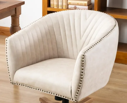 Miniatura 6 de Silla de escritorio de piel sintética beige, silla de escritorio tapizada giratoria con brazo ajustable con cabezas de clavos, cómoda silla