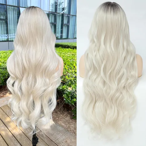 Miniatura 4 de Pelucas de encaje frontal rubias de 30 pulgadas X-TRESS con onda corporal, prediseñadas, peluca frontal de encaje sintético con raíces oscuras
