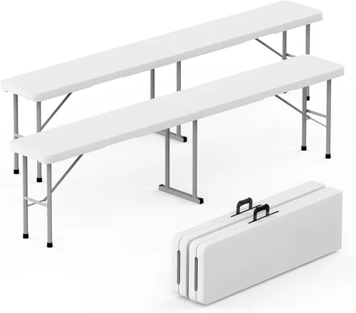 HLPB Banco plegable de 6 pies, banco de plástico plegable con asa y mesa de polietileno de alta densidad suave, asiento de picnic portátil en