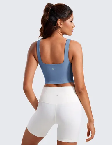 Miniatura 33 de CRZ YOGA Butterluxe Brasier deportivo de cuello cuadrado para mujer, estilo camiseta corta sin mangas, acolchado con soporte integrado para yoga