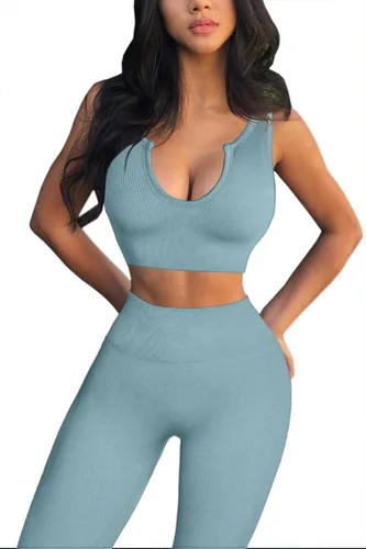 Miniatura 4 de QINSEN Conjuntos de entrenamiento para mujer, 2 piezas, acanalados, sin costuras, sin mangas, cintura alta, leggings de yoga