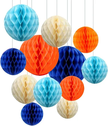 Miniatura 6 de ZOOYOO 12 piezas 15 cm 25 cm bolas de panal decorativas de papel de seda con pompones colgantes para cumpleaños, baby shower, boda, compromiso, Azul